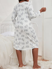  Cat Print Nightdress V Neck Long Sleeve Contrast Lace Sexy Lingerie
