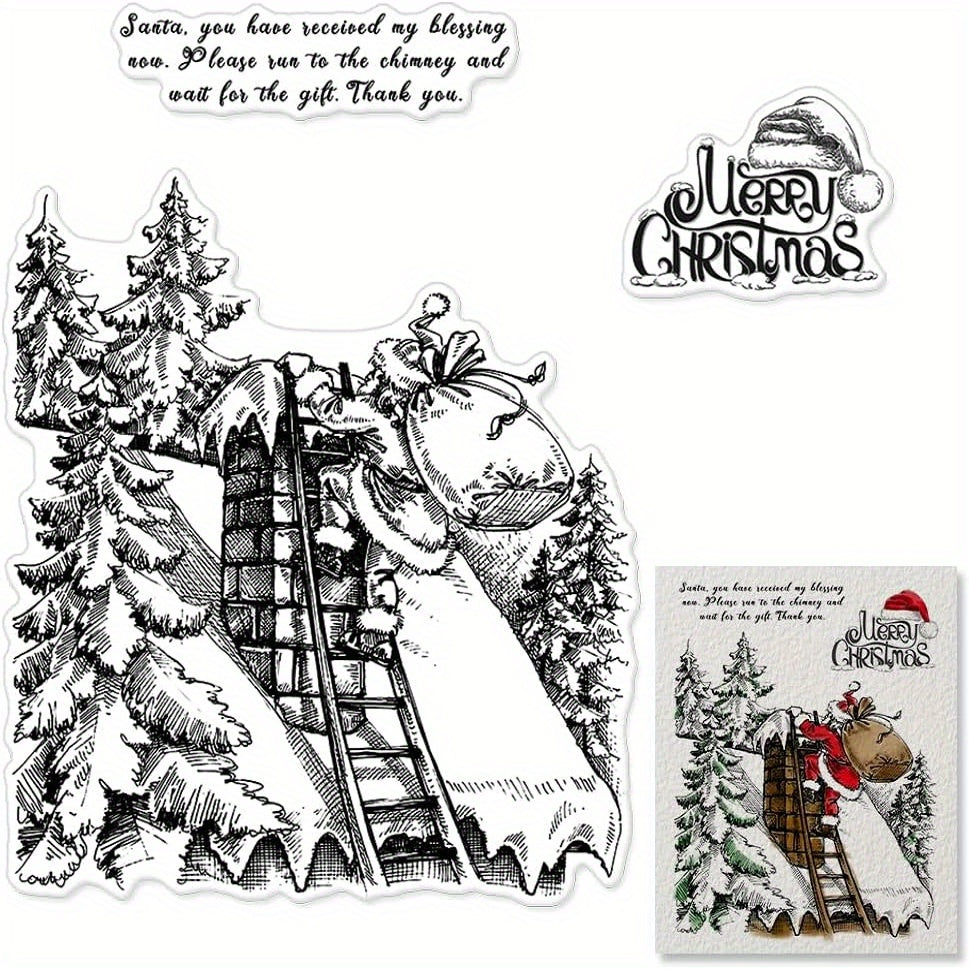 Christmas Greeting Clear Stamp - Santa Claus Roof Forest Rubber Stamps
