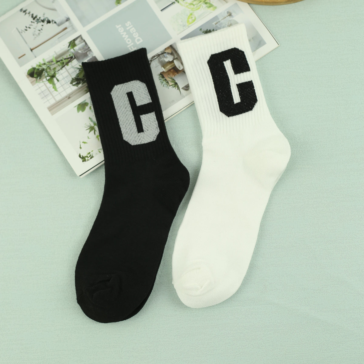 Men's Letter C Pattern Crew Socks, Breathable Casual Street Style Socks