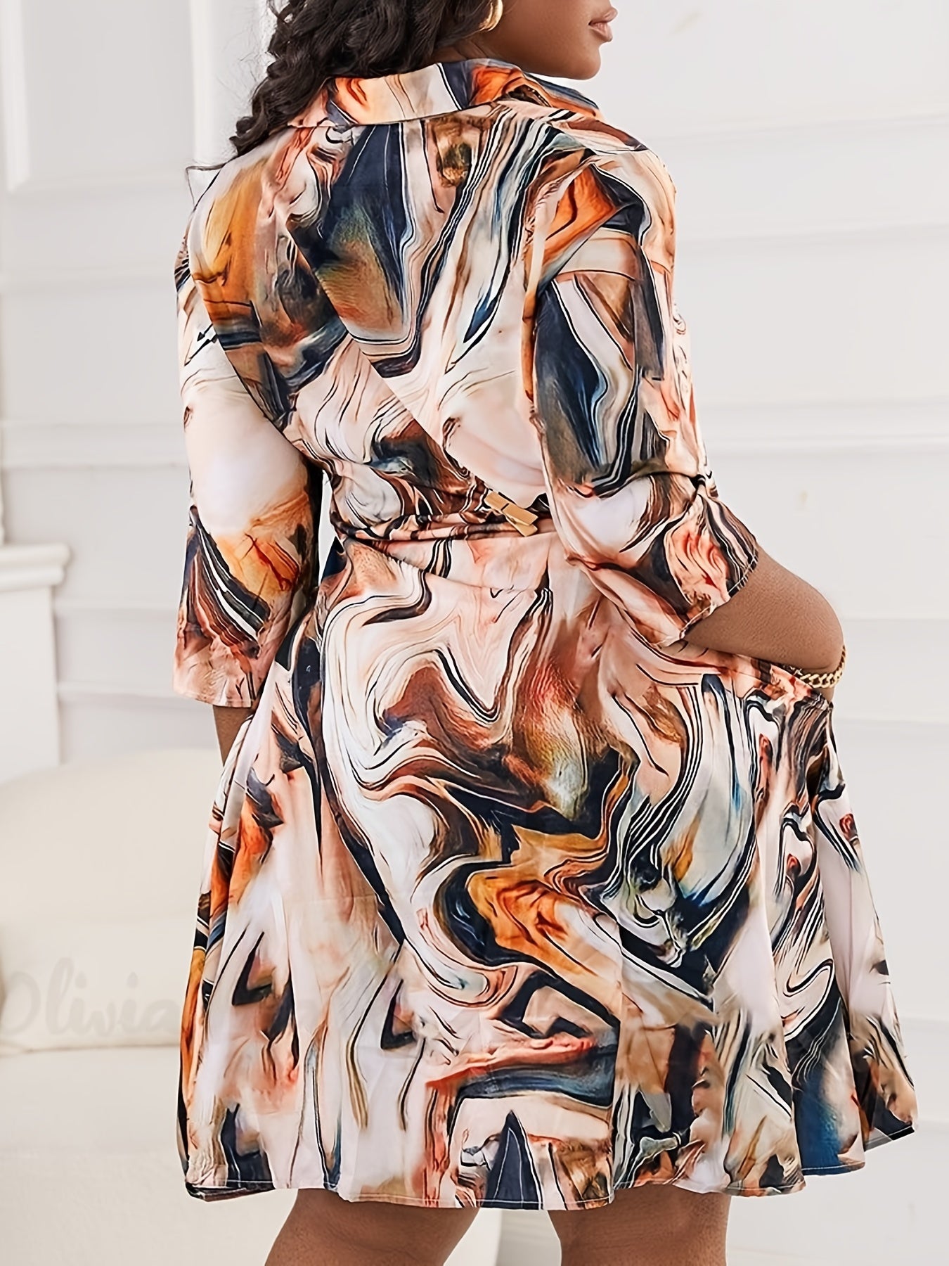 Plus Size Women's Marble Print V Neck Loose Fit Dress