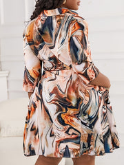 Plus Size Women's Marble Print V Neck Loose Fit Dress