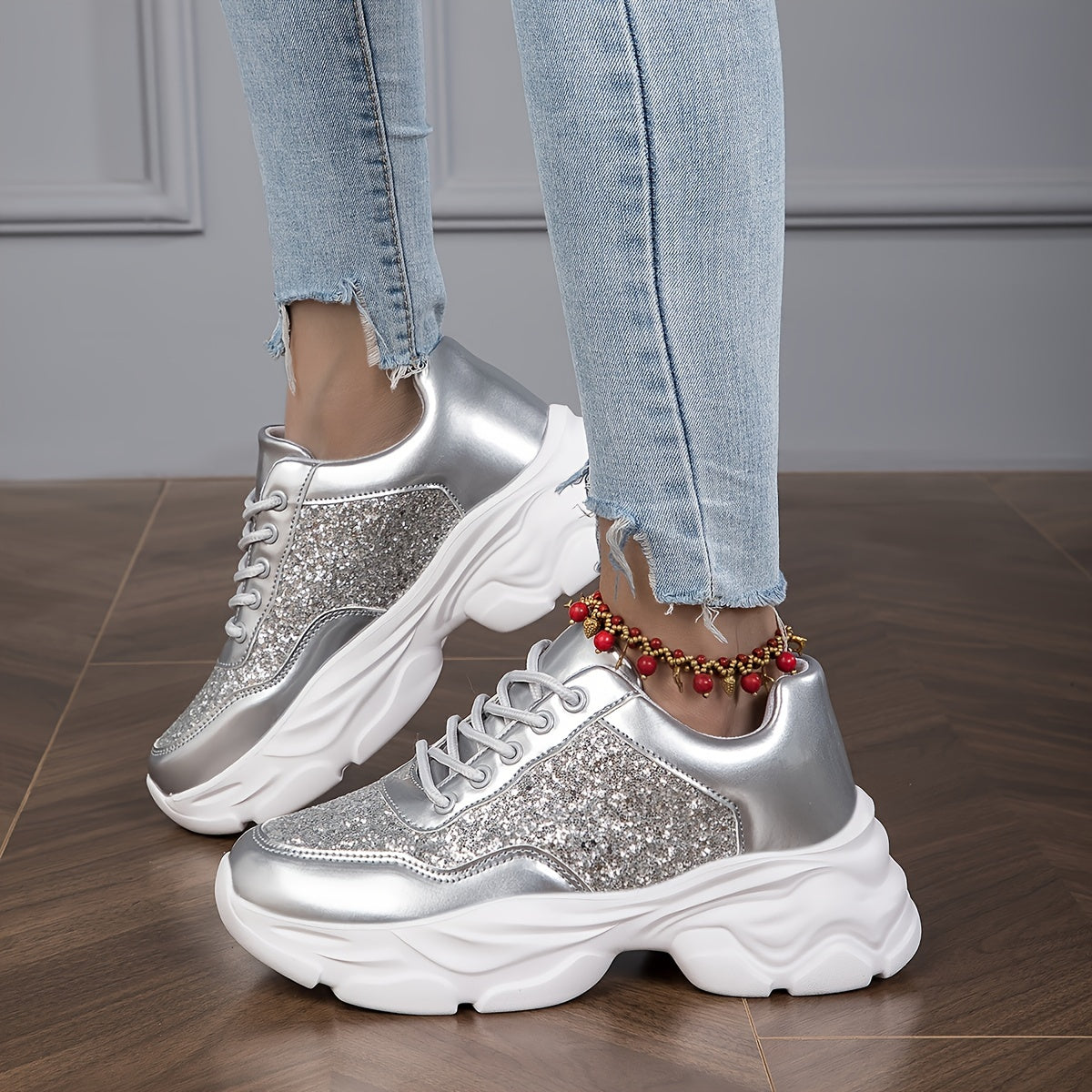Glitter Chunky Sneakers Lace Up Running Shoes Low Top Dad Shoes