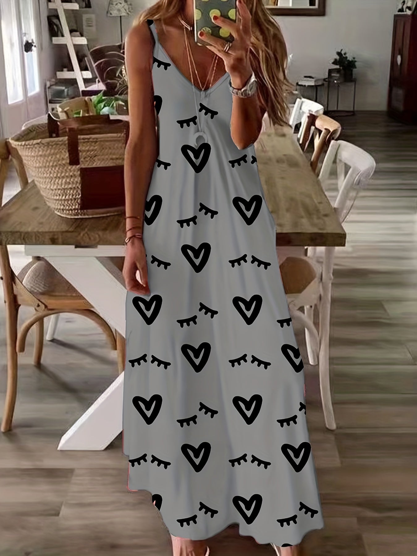  Casual Dress Women's Plus Heart Print V Neck Stretch Max