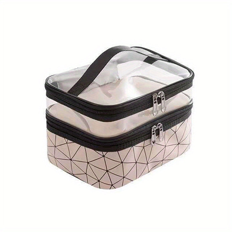 Double Layer Clear Geometric Stripes Handheld Cosmetic Bag