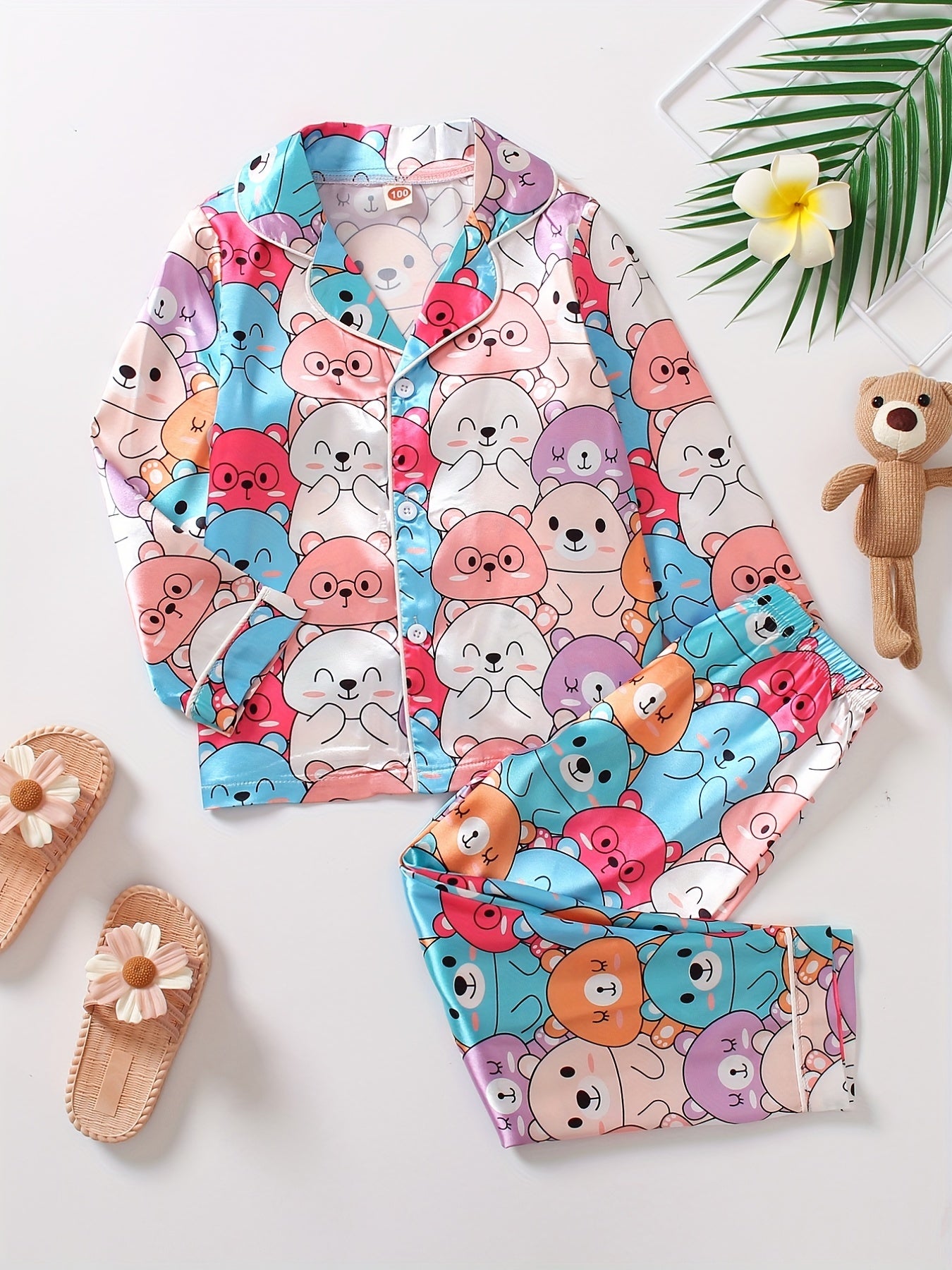 Kids 2pcs Bear Print Pajamas Button Front Long Sleeve Top & Pants Set