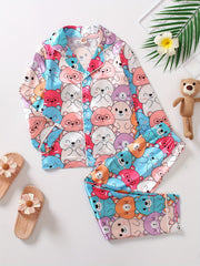 Kids 2pcs Bear Print Pajamas Button Front Long Sleeve Top & Pants Set