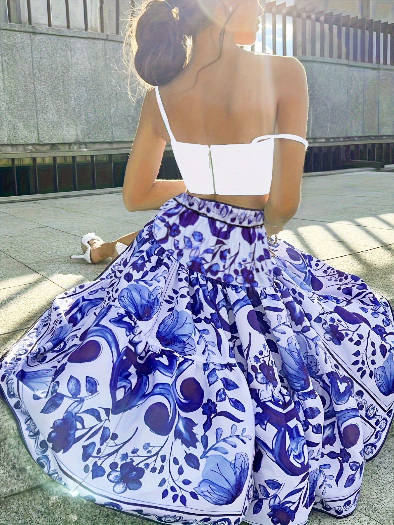 Plus Floral Print Elastic High Rise Smock Maxi Skirt