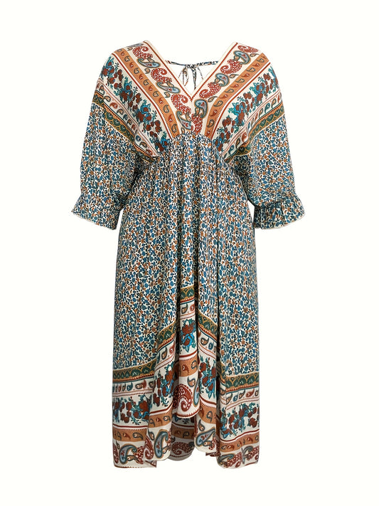  Paisley Floral Print V Neck Maxi Dress