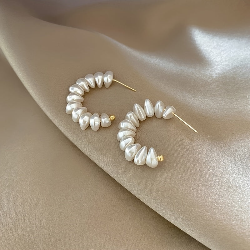 925 Silver Needle C Shaped Faux Pearl Earrings 18K Plated Jewelry