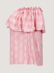  Heart Print Off Shoulder Blouse Ruffle Trim