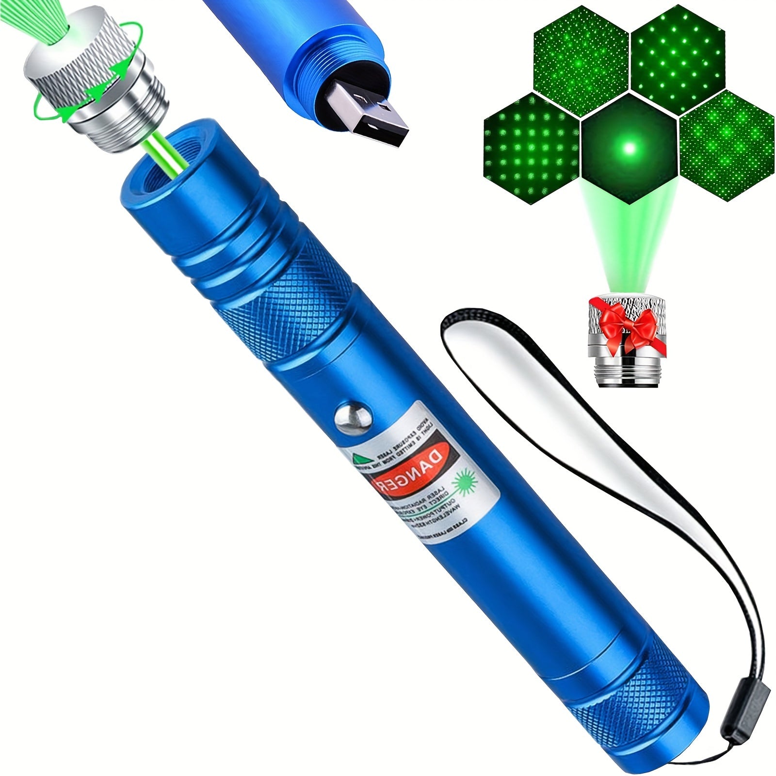 Green Beam Flashlight Laser Pointer USB Rechargeable Cat Toy Star Cap