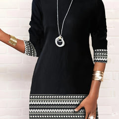  Colorblock Geometric Print Round Neck Dress