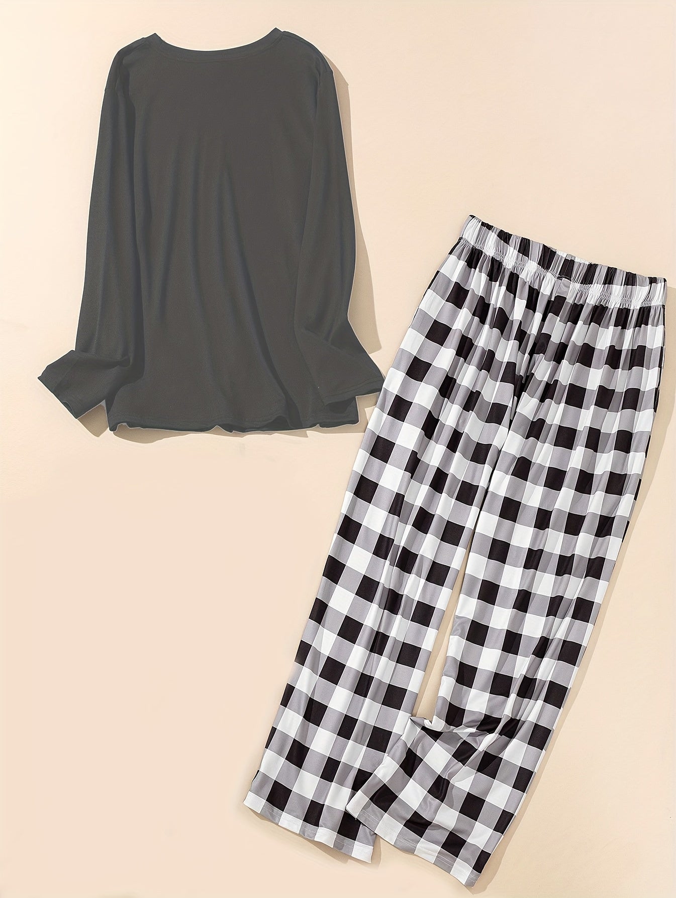  Heart Rugby & Letter Print Long Sleeve Tee & Plaid Pants Pajama Set