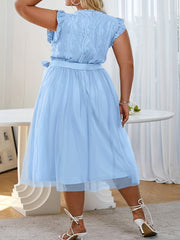  Party Dress Women's Plus Solid Lace Contrast Mesh Ruffle Sleeve