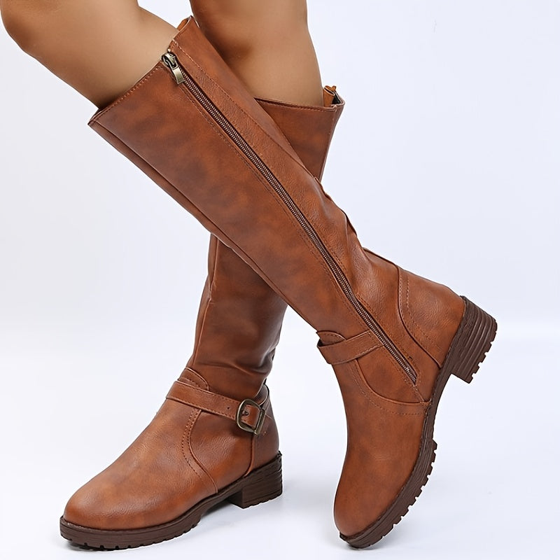 Women's Knee High Riding Boots Chunky Low Heel Buckle Zip Detail Long Boots