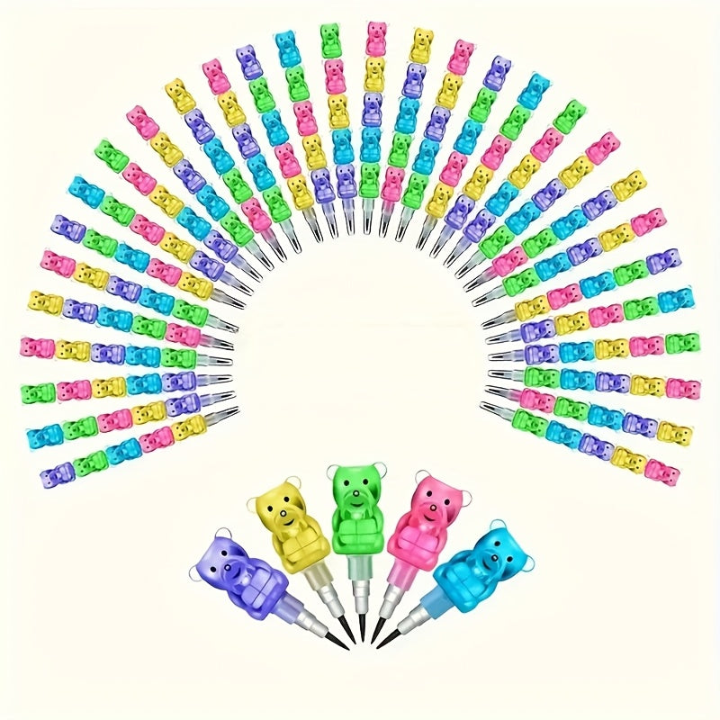10pcs Bear Shaped Plastic Pencils Multicolor Stackable Ergonomic Grip