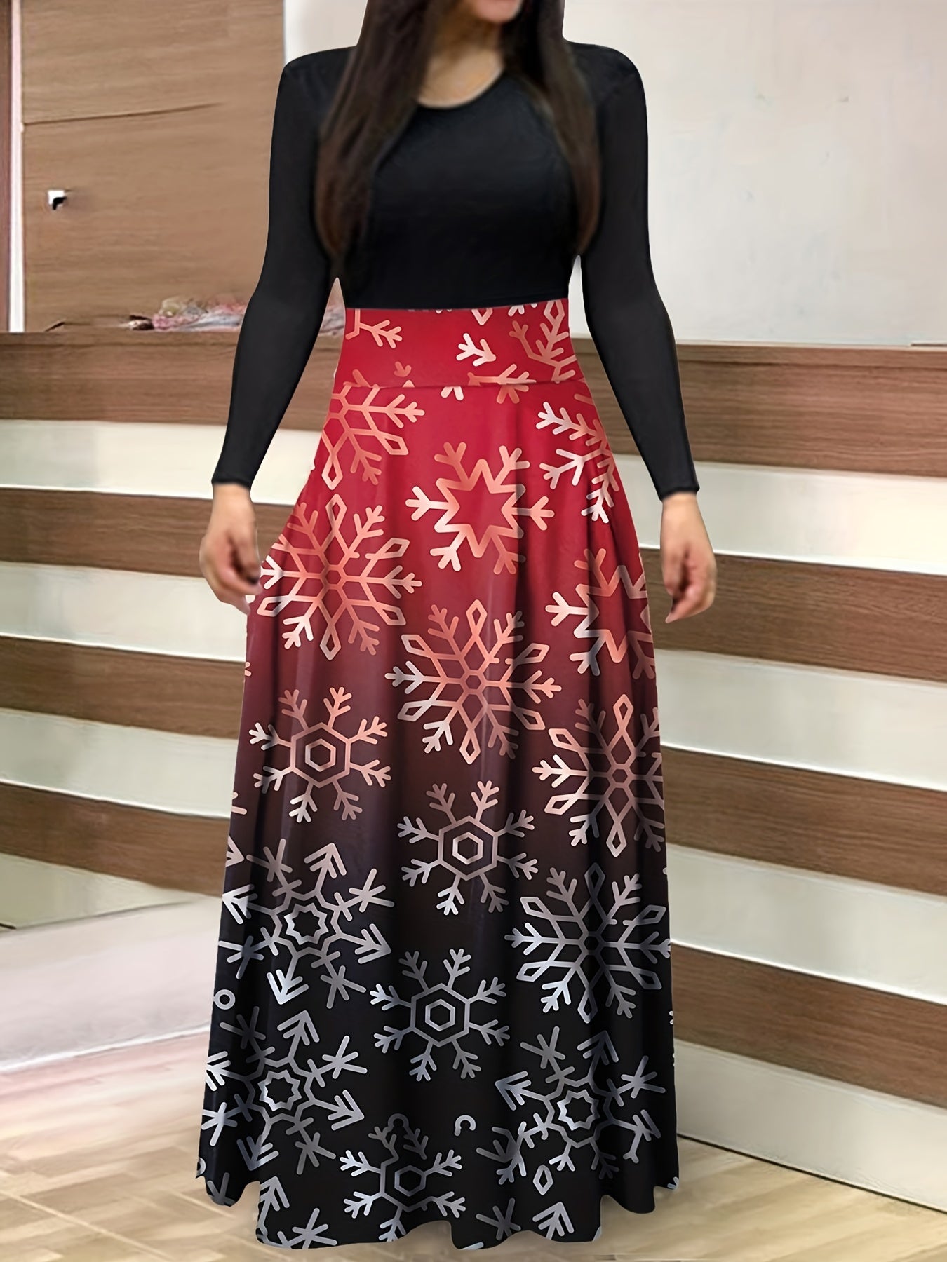  Colorblock Ombre & Snowflake Print Maxi Dress