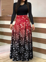  Colorblock Ombre & Snowflake Print Maxi Dress