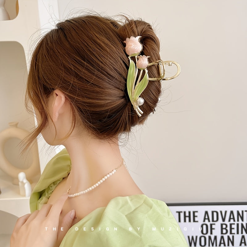 Lily Flower Tulip Hair Claw Faux Pearl Hair Clip
