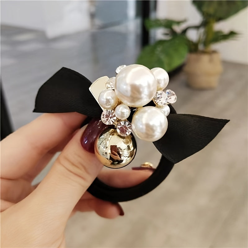 Faux Pearl & Bow Hair Tie Elastic Ponytail Holder