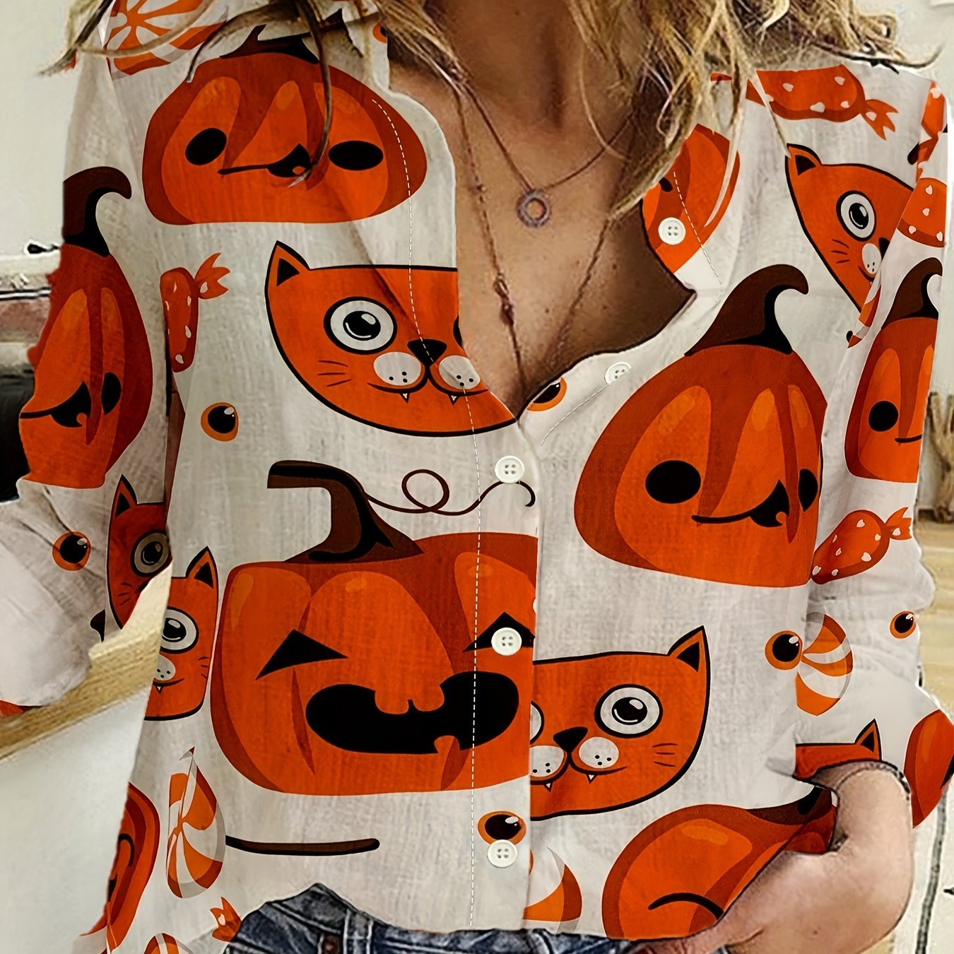  Cat & Pumpkin Print Button Up Long Sleeve Blouse