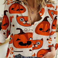 Cat & Pumpkin Print Button Up Long Sleeve Blouse