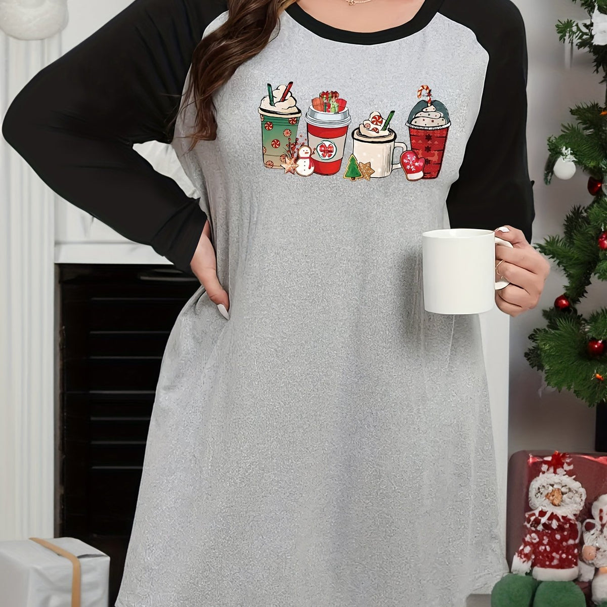 Plus Size Christmas Lounge Dress Women's Plus Christmas Drinks Graphic Raglan