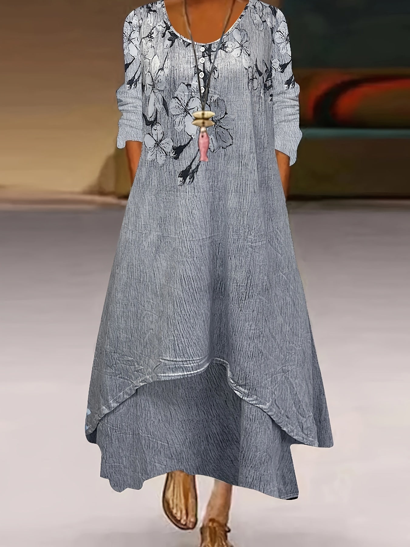  Floral Print Button Long Sleeve Maxi Dress