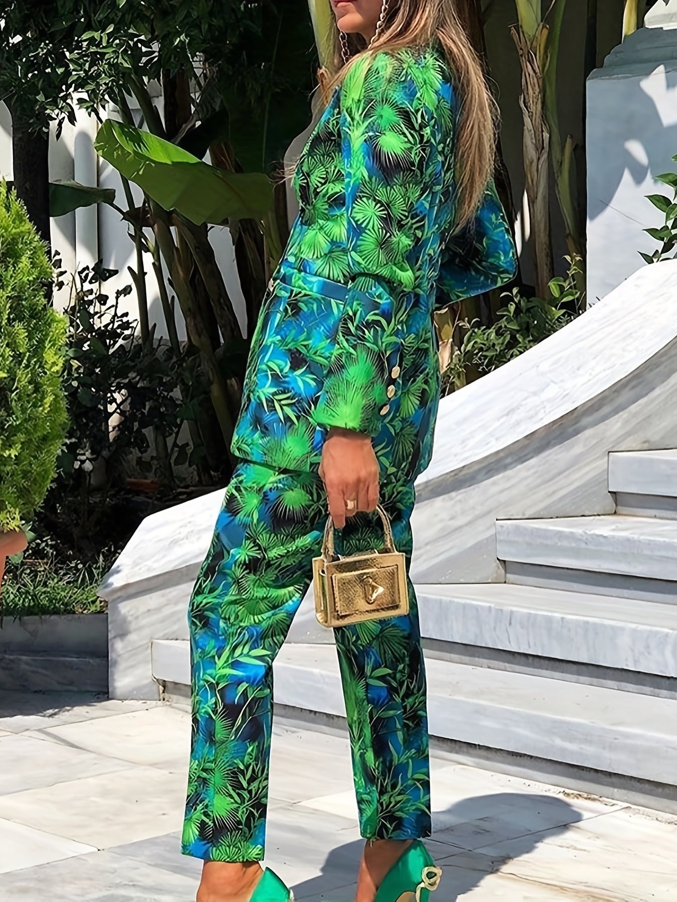  Casual Suit Set Women's Plus Allover Print Blazer & Pants Suit