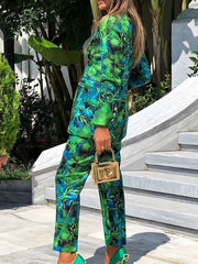  Casual Suit Set Women's Plus Allover Print Blazer & Pants Suit