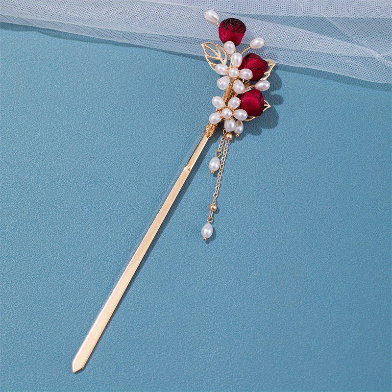 Faux Pearl Flower Hairpin Rose Hair Stick Ponytail Holder Hair Accessories