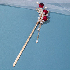 Faux Pearl Flower Hairpin Rose Hair Stick Ponytail Holder Hair Accessories