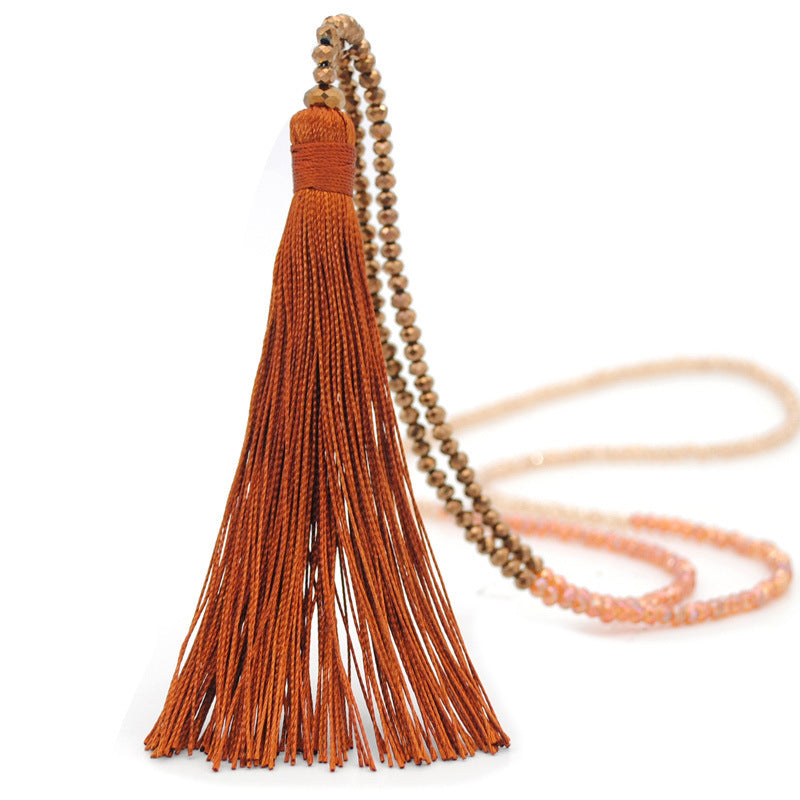 Multicolor Crystal Beaded Necklace Tassel Pendant Long Sweater Chain