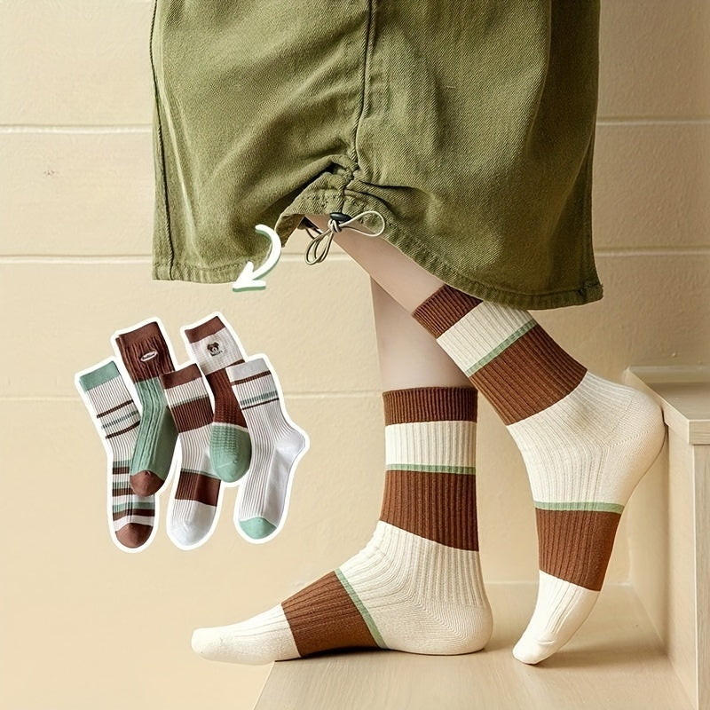 5 Pairs Colorblock Striped Socks Comfy & Breathable Women's Mid Tube Stockings
