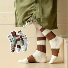 5 Pairs Colorblock Striped Socks Comfy & Breathable Women's Mid Tube Stockings