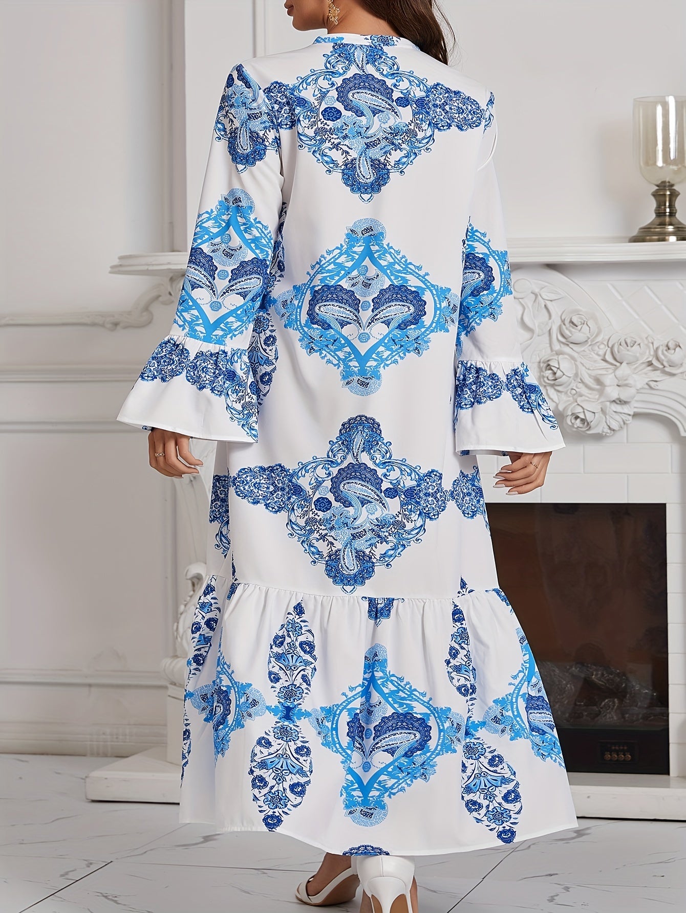  Casual Kaftan Dress Women's Plus Floral Print Bell Sleeve Maxi Dress