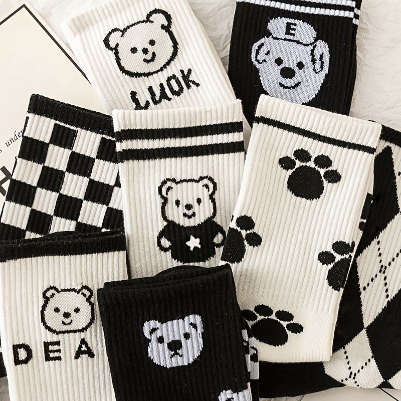 5 Pairs Bear & Paw Print Mid Tube Socks Women's Stockings