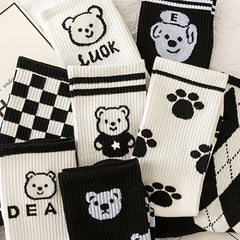 5 Pairs Bear & Paw Print Mid Tube Socks Women's Stockings