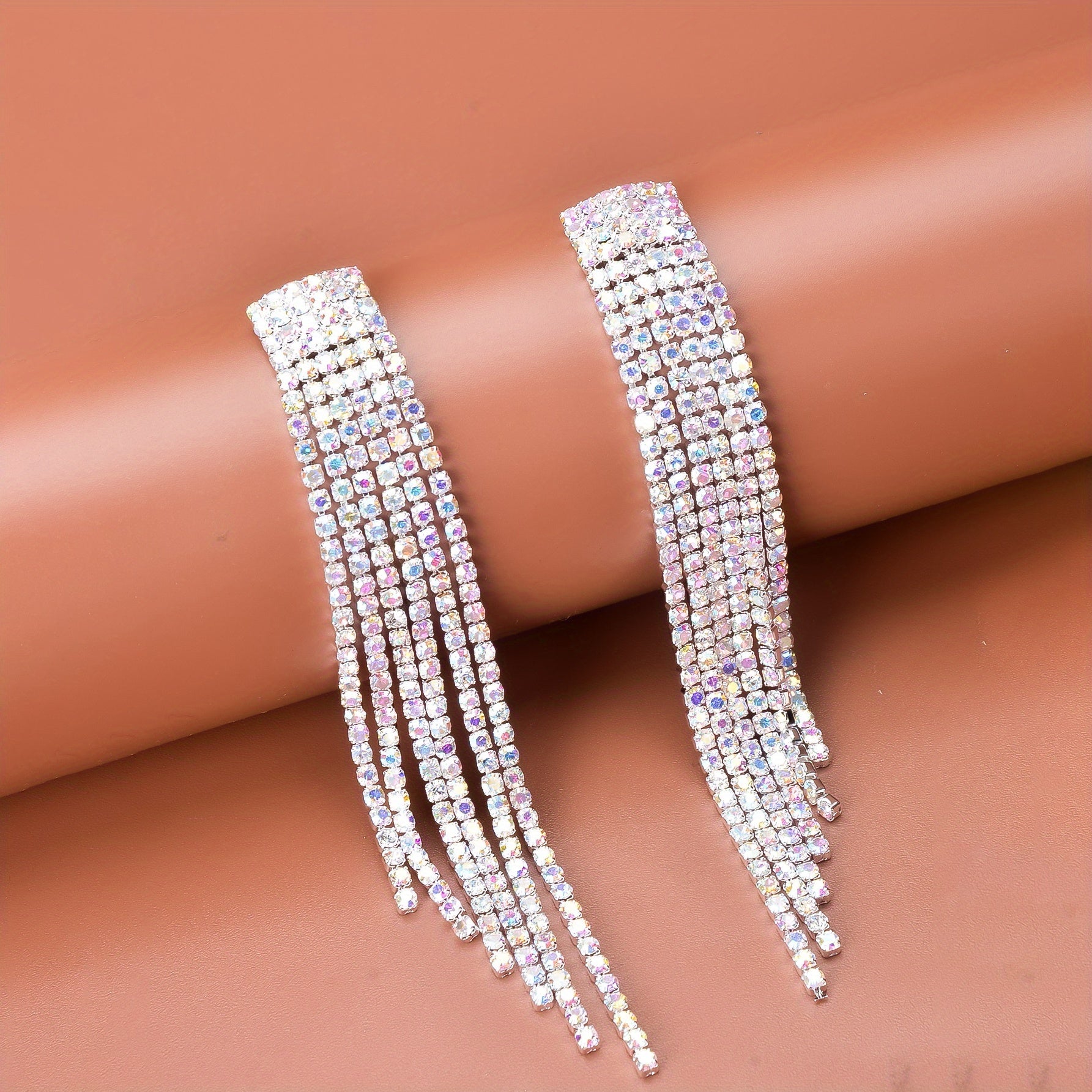 Sparkling Rhinestone Tassel Earrings Copper Silver Plated