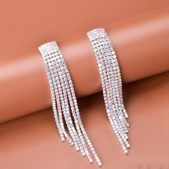 Sparkling Rhinestone Tassel Earrings Copper Silver Plated