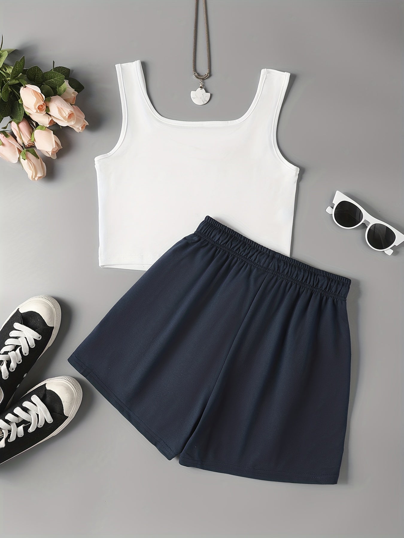 Sporty Two Piece Set Crop Tank Top & Shorts Outfit Women's Clothing