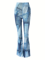  Denim Print Flared Leg Skinny Pants