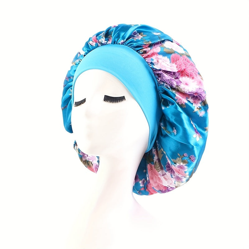 Floral Print Satin Bonnet for Women Elastic Hair Bonnet Cap