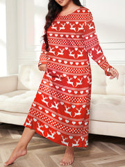  Christmas Lounge Dress Elk & Heart Stripe Print Long Sleeve Te