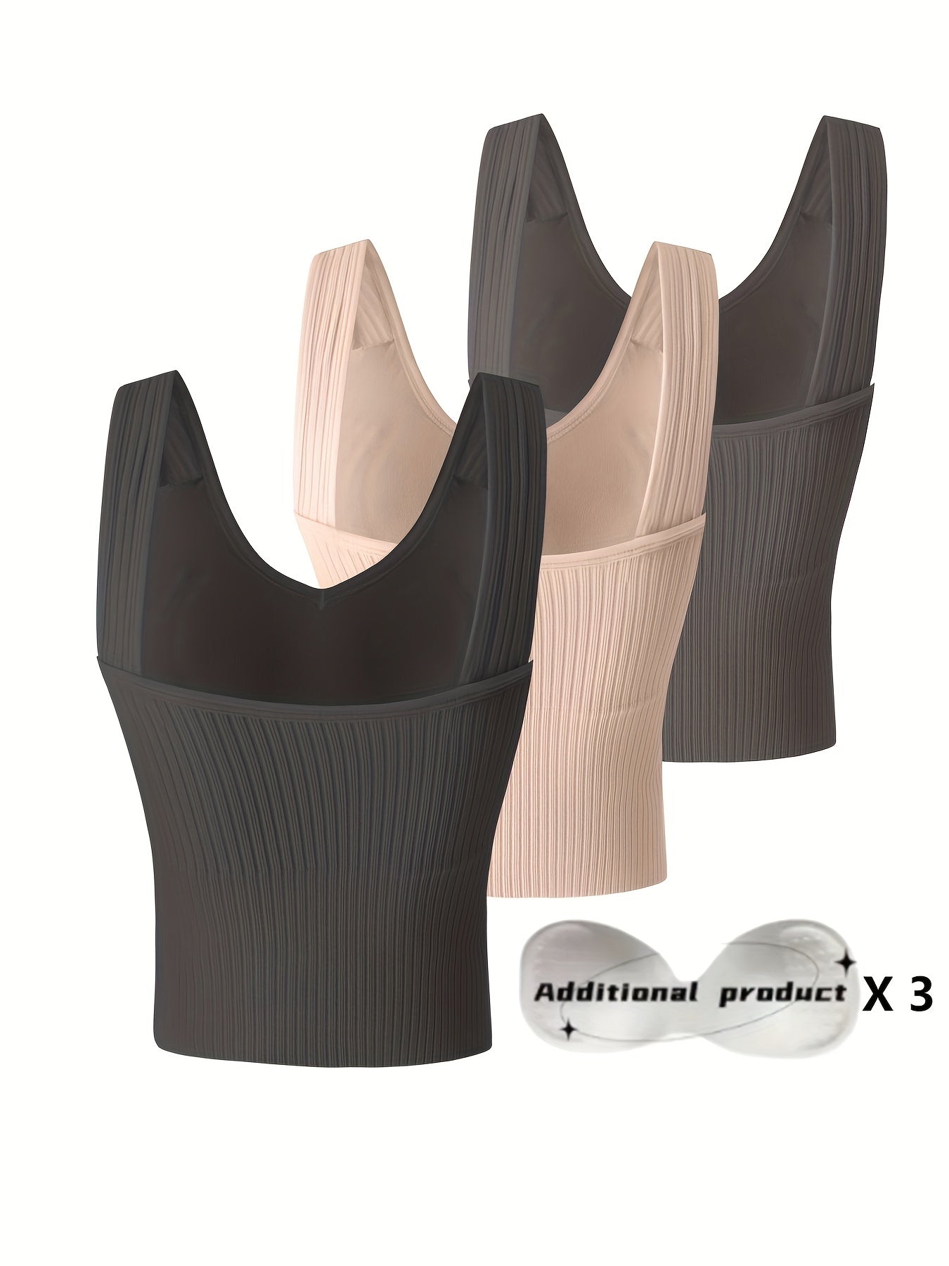 3pcs Ribbed Tank Top Bra Detachable Chest Pads Women's Lingerie