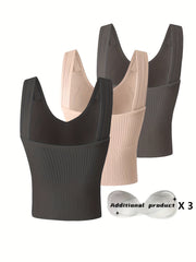 3pcs Ribbed Tank Top Bra Detachable Chest Pads Women's Lingerie