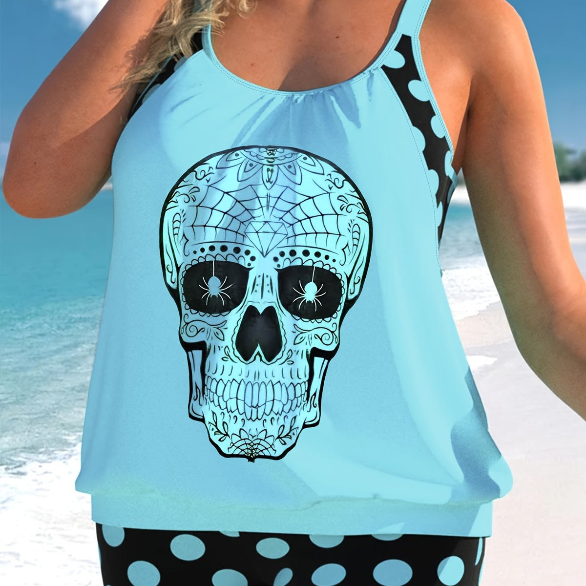  Gothic Tankini Set Spider Skull & Polka Dot Print Scoop Neck