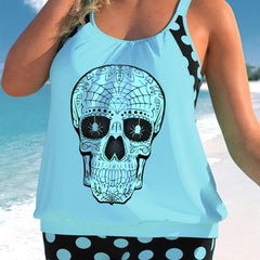  Gothic Tankini Set Spider Skull & Polka Dot Print Scoop Neck