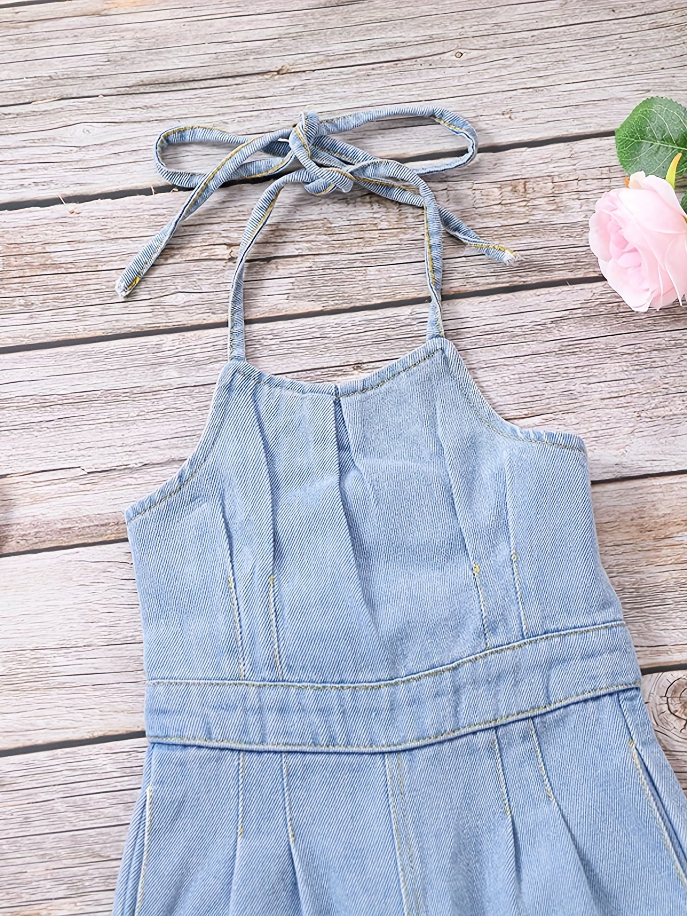Girls Denim Overalls Halterneck Backless Jumpsuit