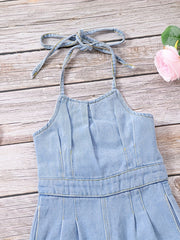 Girls Denim Overalls Halterneck Backless Jumpsuit